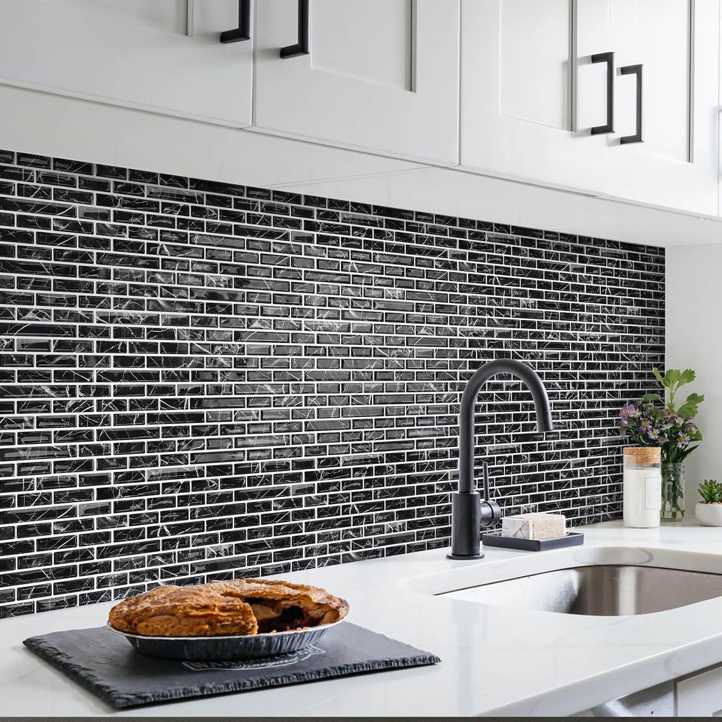 URCOLOR 10-Sheet Peel and Stick Backsplash Tile for Kitchen - 12”×12” Stick on Wall Tile for Bathroom, Black White Grey