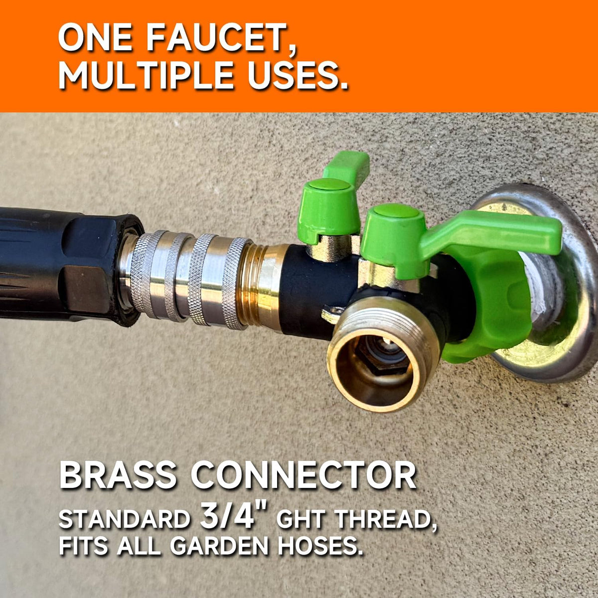 HQMPC Garden Hose Y Valve Splitter With Metal Long Handle Brass Hose Splitter Big Water Flow Hole- Spigot Splitter 2 way 3/4" GHT Thread