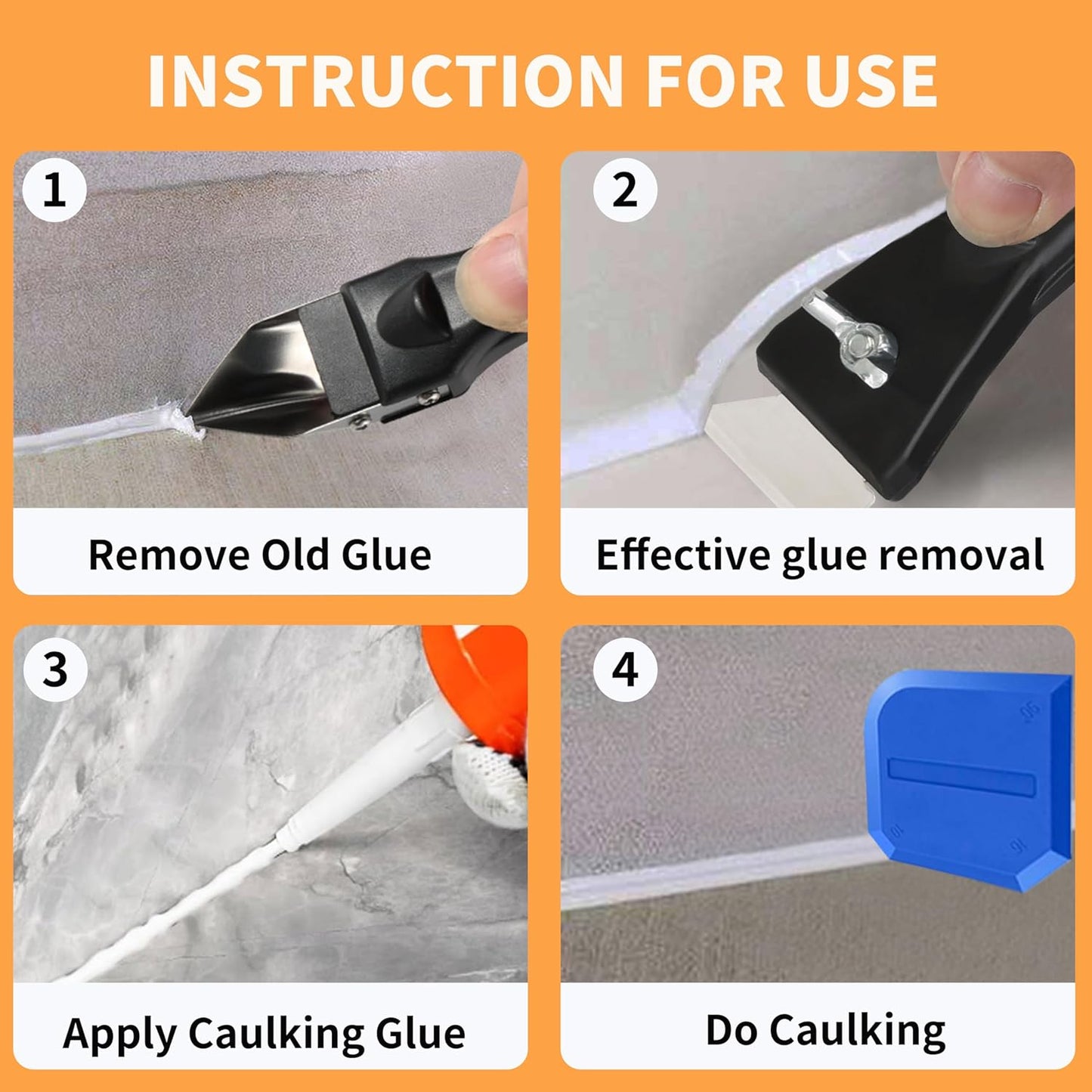 Caulking Tool, Caulk Remover Tool, Putty Knife Scraper, 3 Glass Glue Corner Scrapers, Grout Removal Tool with Stainless Steel Head for Kitchen Bathroom and Window