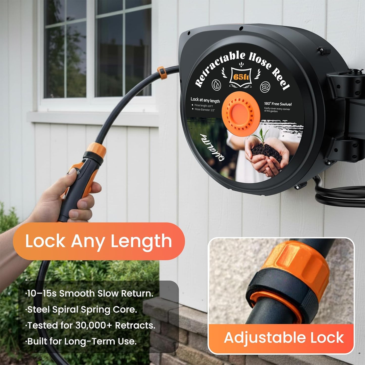 Retractable Garden Hose Reel, 1/2 in x 50 ft Wall Mounted Hose Reel | Anti-freeze 10-Function Sprayer Nozzle Any Length Lock Slow Return System 180°Swivel Bracke for Large Yard Lawn Car Washing