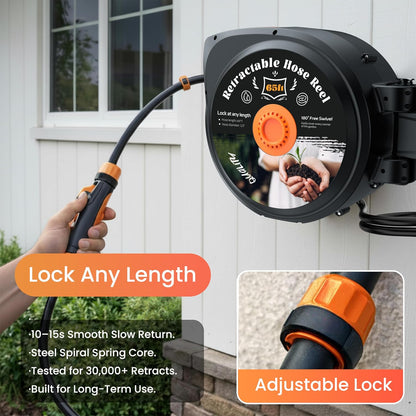 Retractable Garden Hose Reel, 1/2 in x 50 ft Wall Mounted Hose Reel | Anti-freeze 10-Function Sprayer Nozzle Any Length Lock Slow Return System 180°Swivel Bracke for Large Yard Lawn Car Washing