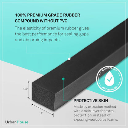 Neoprene Waterproof Rubber Foam 1/2” (w) x 1/4” (h) x 24 feet Long Weather Stripping Door Seal Insulation Shock-Absorbing 3M Self-Adhesive Tape for Door Frames, Windows – Black, 1 Continuous Roll