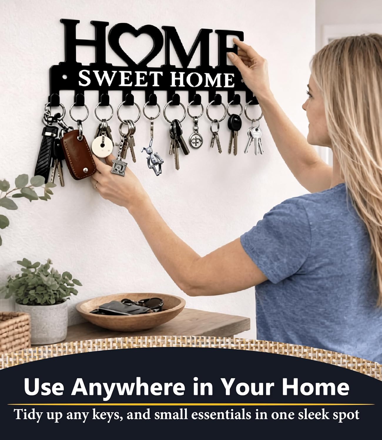 Key Holder Hooks Organizer Hanger Rack Wall Mounted Sweet Home Metal Decor Stylish and Practical for Entryway Front Door Kitchen Hallway Garage Mudroom Office Hardware Included Black