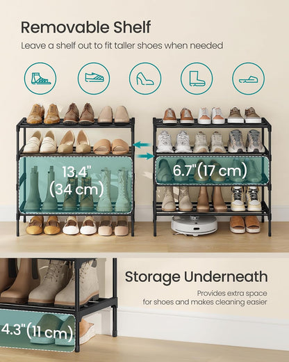 SONGMICS 2-Tier Shoe Rack for Closet, Compact Metal Shoe Organizer Shelf for Entryway, Bedroom, Small Spaces, Stackable, 11.8 x 24.5 x 12.2 Inches, Black ULSA122BH01