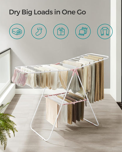 SONGMICS Clothes Drying Rack, with Sock Clips, Metal Laundry Rack, Foldable, Space-Saving, Free-Standing Airer, with 2 Height-Adjustable Gullwings, Indoor Outdoor Use, Gray ULLR052G01