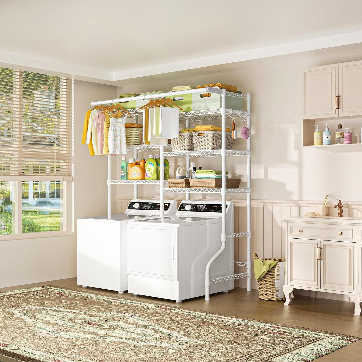 Ulif U13 Medium Over Washer and Dryer Storage Shelves, 6 Tiers Laundry Room Standing Shelf with 2 Hanger Rods, Space Saver Clothes Drying Rack, 57.8" W x 22" D x 77.4" H, Black