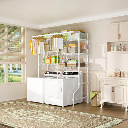 Ulif U13 Medium Over Washer and Dryer Storage Shelves, 6 Tiers Laundry Room Standing Shelf with 2 Hanger Rods, Space Saver Clothes Drying Rack, 57.8" W x 22" D x 77.4" H, Black