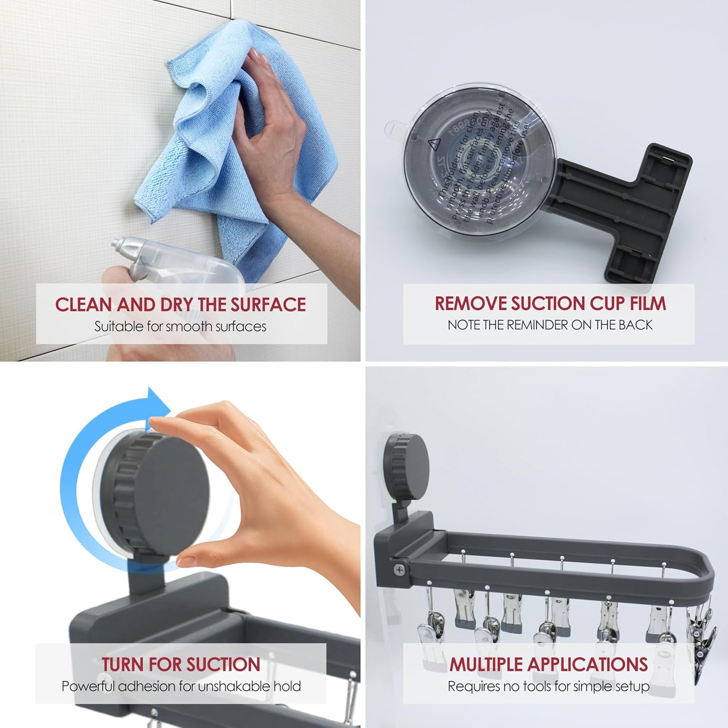 Foldable Laundry Drying Rack with 15 Clips, Wall Mount Suction Cup Hanger for Socks Undergarments Towels, Space Saving Clothes Organizer, Cream White