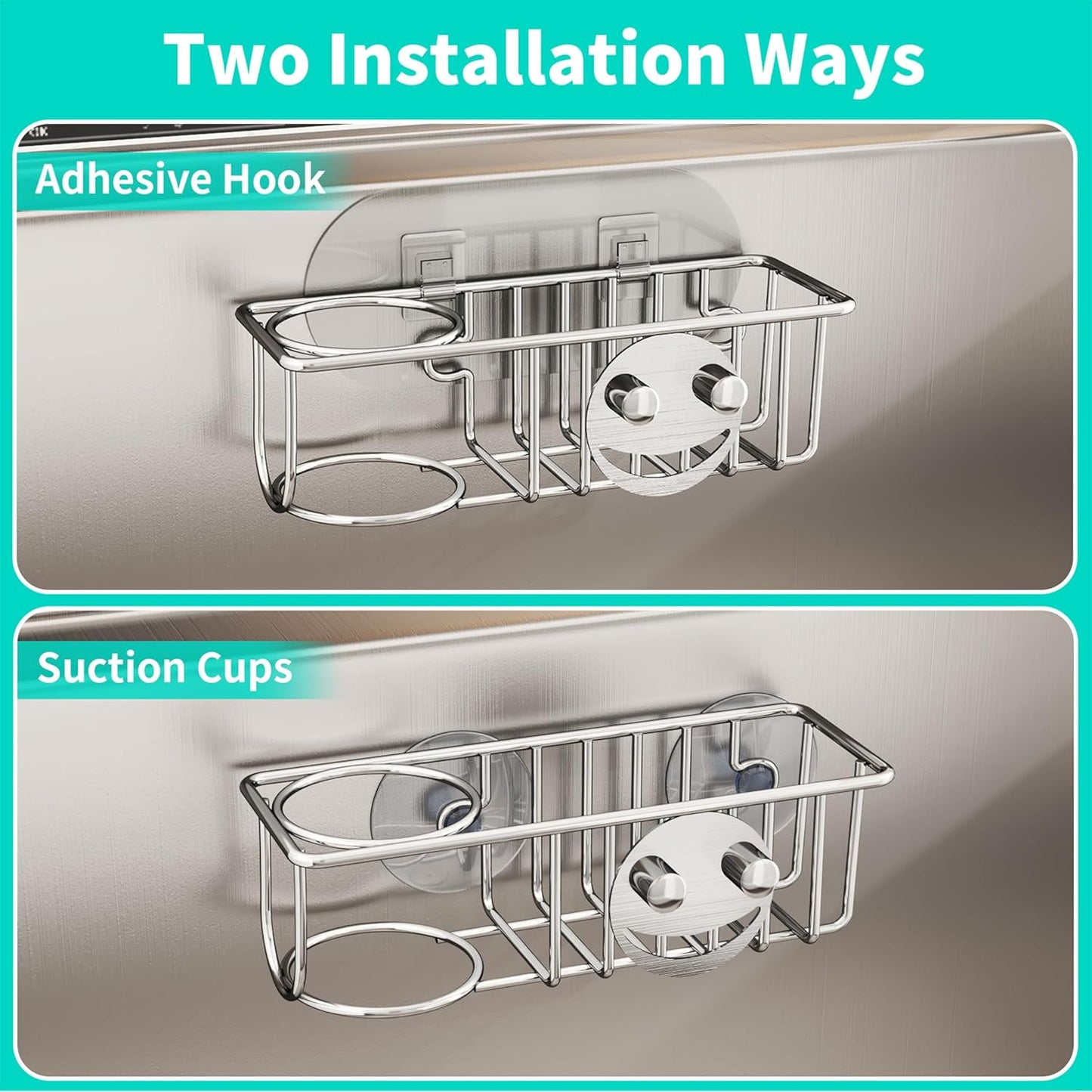HapiRm 4 in 1 Sink Caddy Sponge Holder, SUS304 Stainless Steel Kitchen Brush Holder and Dish Cloth Hanger, Kitchen Organizers and Storage Essentials - Silver