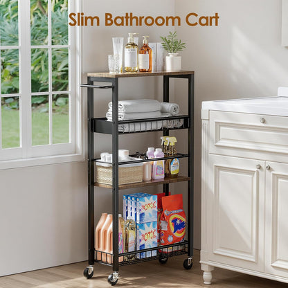 Slim Storage Rolling Cart, 4 Tier Narrow Cart with Wheels, Metal Kitchen Rolling Cart for Small Spaces, Slide Out Storage Shelves for Kitchen, Laundry Room, Bathroom, Living Room, 7.1in(W)