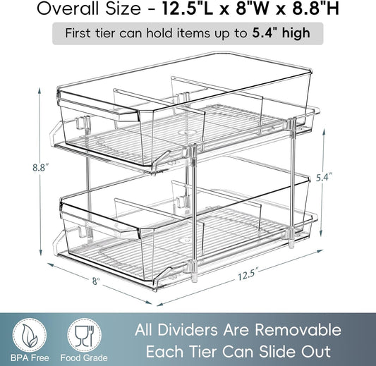 2 Set, 2 Tier Clear Organizer with Dividers for Cabinet, Shlef, Counter - MultiUse Slide-Out Storage Container - Kitchen, Pantry, Medicine Cupboard Bins, Bathroom, Vanity Makeup, Under Sink Organizing