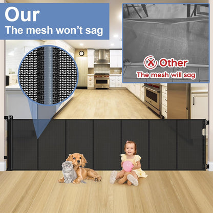 Reinforced Retractable Baby Gates with Support Beam 60" Wide Retractable Dog Gate Indoor Prevent Children and Dogs from Crawling Under Outdoor Dog Gate for Deck Mesh Gates for Kids or Pets, Black