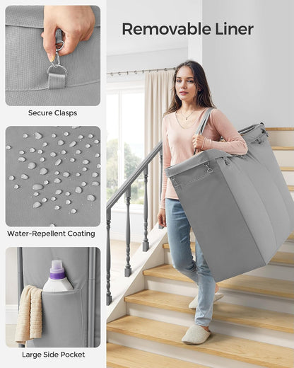 SONGMICS Laundry Basket with Wheels, 3-Section Rolling Laundry Hamper, 52.8 Gallons (200 L), Removable Liner, Steel Frame with Handle, 35.8 x 15.4 x 31.9 Inches, Cream White URLS005W01
