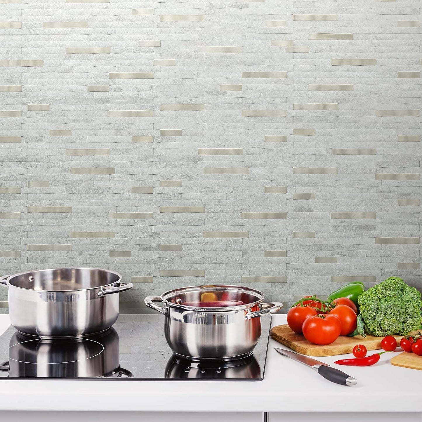 AULIGET 20 Sheets Peel and Stick Backsplash, Black & Grey Wood Look PVC Mixed Metal Stick on Backsplash Tiles for Kitchen