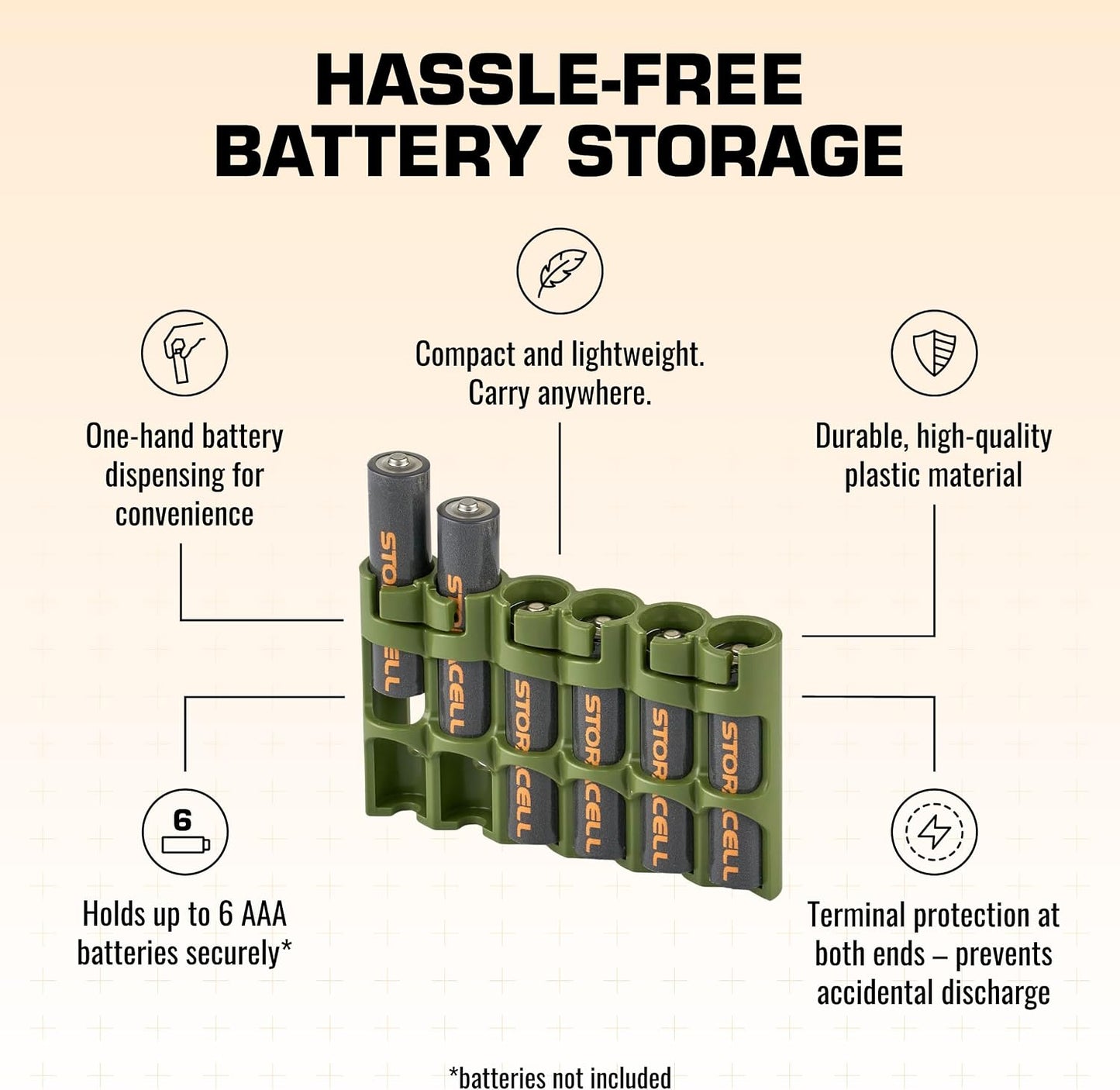 Storacell SLAAAORG by Powerpax SlimLine AAA Battery Caddy, Orange, Holds 6 Batteries, 1 Count (Pack of 1)