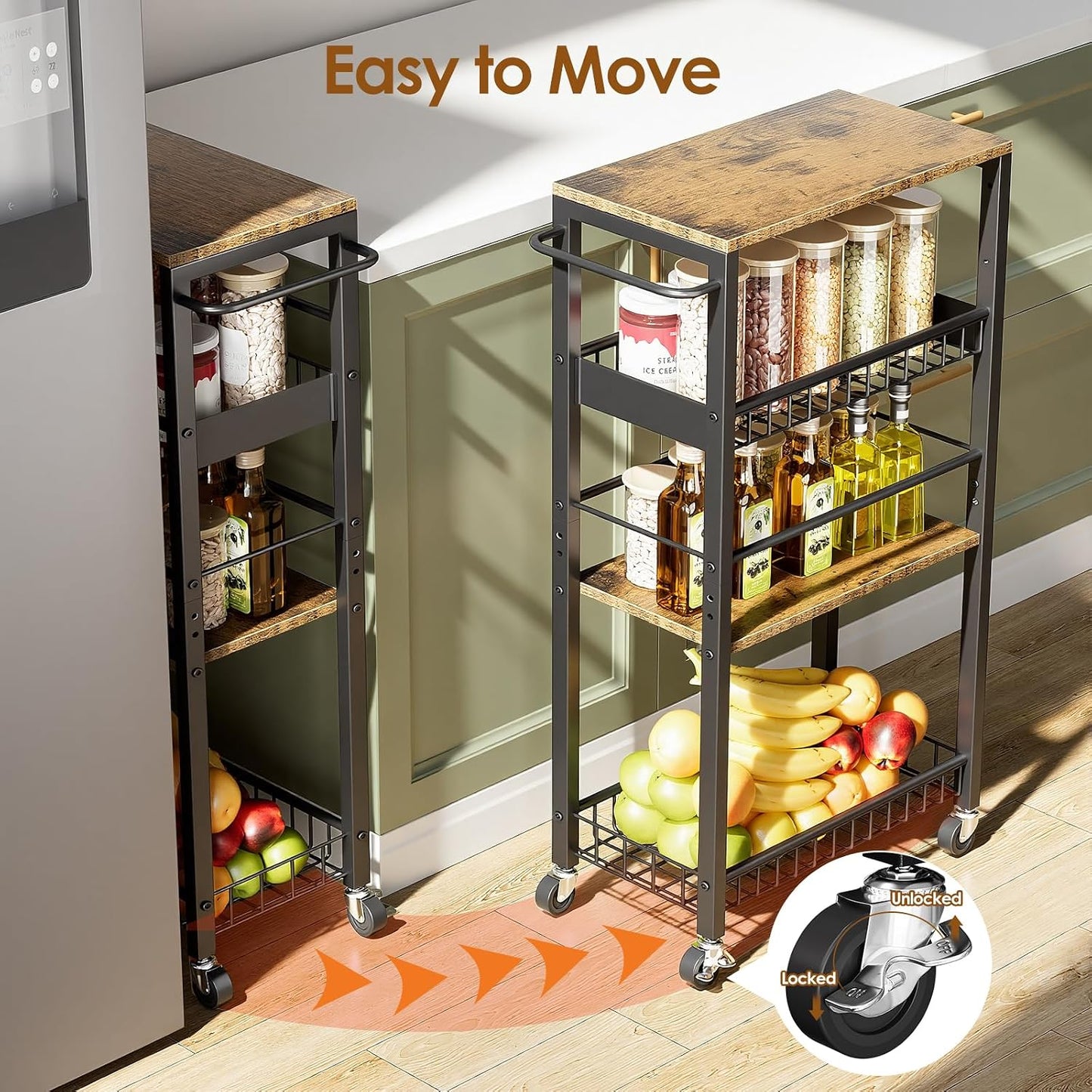 Slim Storage Rolling Cart, 4 Tier Narrow Cart with Wheels, Metal Kitchen Rolling Cart for Small Spaces, Slide Out Storage Shelves for Kitchen, Laundry Room, Bathroom, Living Room, 7.1in(W)