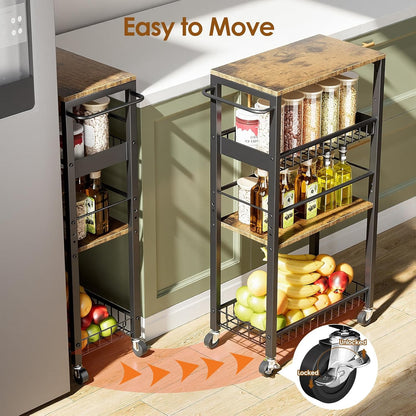 Slim Storage Rolling Cart, 4 Tier Narrow Cart with Wheels, Metal Kitchen Rolling Cart for Small Spaces, Slide Out Storage Shelves for Kitchen, Laundry Room, Bathroom, Living Room, 7.1in(W)