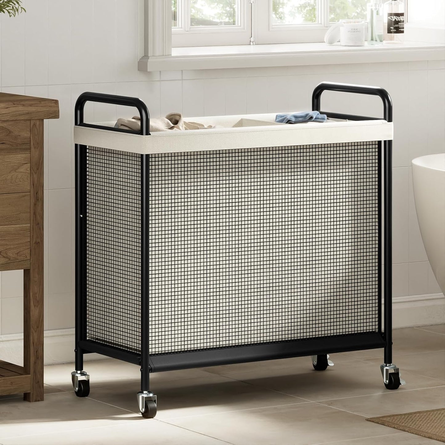 WOWLIVE Laundry Hamper 3 Section, 120L Rolling Laundry Basket with wheels and Removable Liner Bag, Laundry Sorter with Metal Handle, Large Clothes Hamper for Laundry Room, Bathroom and Dorm, Beige
