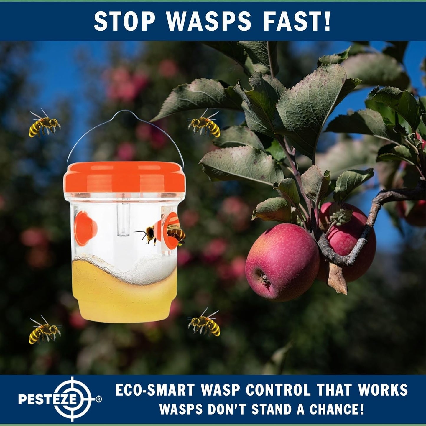PESTEZE USA Reusable Solar Hanging Wasp Trap with LED Light [Orange: 3.5 x 4.4 Inch] Attracts, & Kills Wasp, Hornet, Yellow Jacket & Insect Species 24/7 Without Harsh Chemicals Waterproof Outdoor Trap