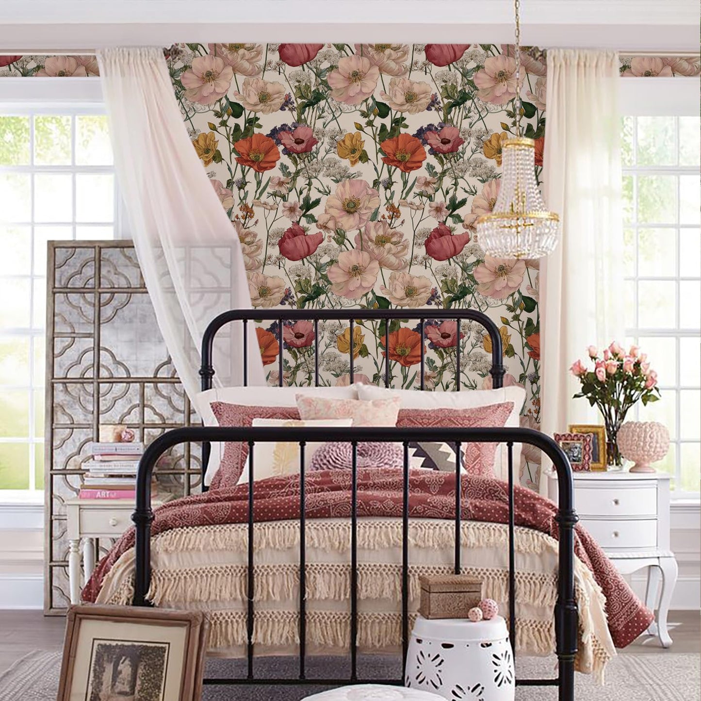 Orainege Pink Floral Peel and Stick Wallpaper Removable Self Adhesive Wallpaper 16.9inx118.1in Modern Wall Paper for Bedroom Bathroom Green Leaf Contact Paper for Cabinets