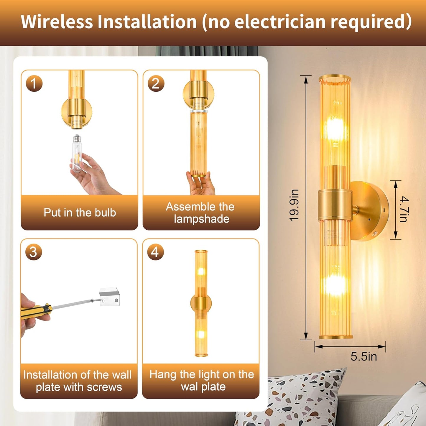 Morauroral Gold Battery Operated Wall Sconces Set of Two, Rechargeable Wall Sconce with Dimmable Remote Control, 20 Inch Wireless Sconce Wall Light for Bedroom, Living Room (Bulbs Included)