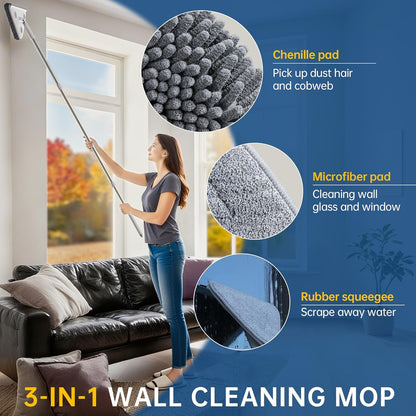 Wall Cleaner Mop with Long Handle, Wall Duster with Extension Pole, Dust Mop with 6 Reusable Pads, 3-in-1 Wall Cleaner for Wall, Ceiling, Window, Baseboard, Floors