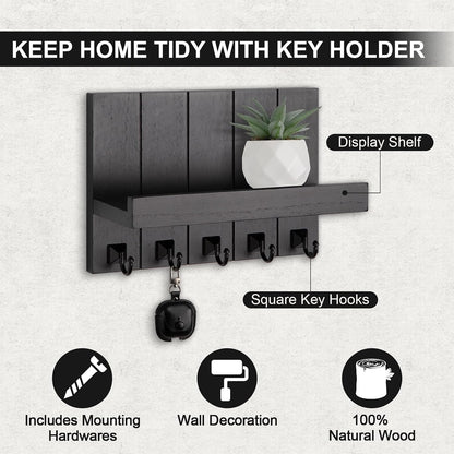 Key Holder for Wall, Decorative Key Holder with Shelf, Key and Mail Holder Wall Mount, Farmhouse Decor with 5 Key Hooks for Keys, Coats, ect.