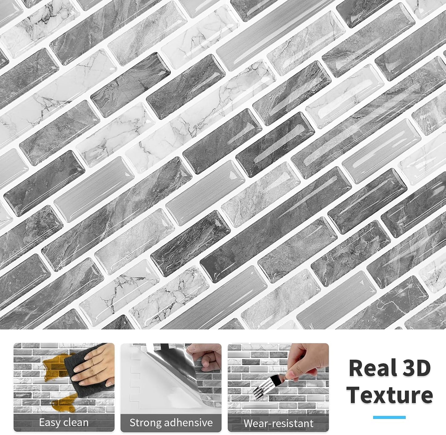 URCOLOR 10-Sheet Peel and Stick Backsplash Tile for Kitchen - 12”×12” Stick on Wall Tile for Bathroom, Black White Grey