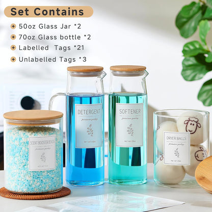 Laundry Detergent Dispenser Set with Labels and Handle for Laundry Room Organization and Storage- Easy Pour 2 Pack 50 oz Liquid Laundry Containers for Laundry Room Decor, Farmhouse Decor