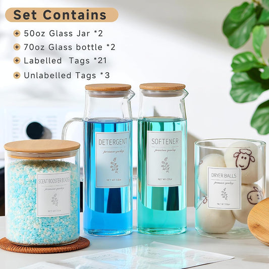 Laundry Detergent Dispenser Set with Labels and Handle for Laundry Room Organization and Storage- Easy Pour 2 Pack 50 oz Liquid Laundry Containers for Laundry Room Decor, Farmhouse Decor