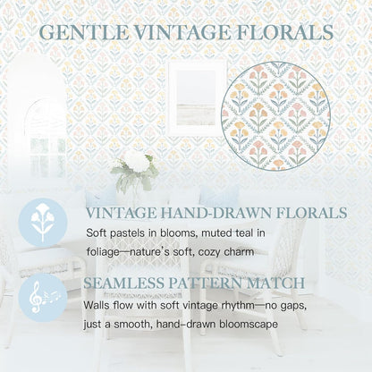 Dimoon 17.3''x78.7'' Peel and Stick Wallpaper Floral Cute Contact Paper Vintage Village Country Cottage Wallpaper Farmhouse Yellow Beige Renter Friendly Geometry Waterproof Embossed Kitchen Bedroom