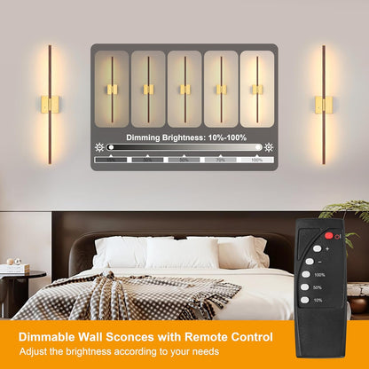 Morauroral Battery Operated Wall Sconces Set of 2, 10000mAh Rechargeable Sconces, 3000K-6000K Dimmable LED Wall Lamp with Remote, 24 Inch Black Gold Wireless Wall Lights for Bedroom, Living Room
