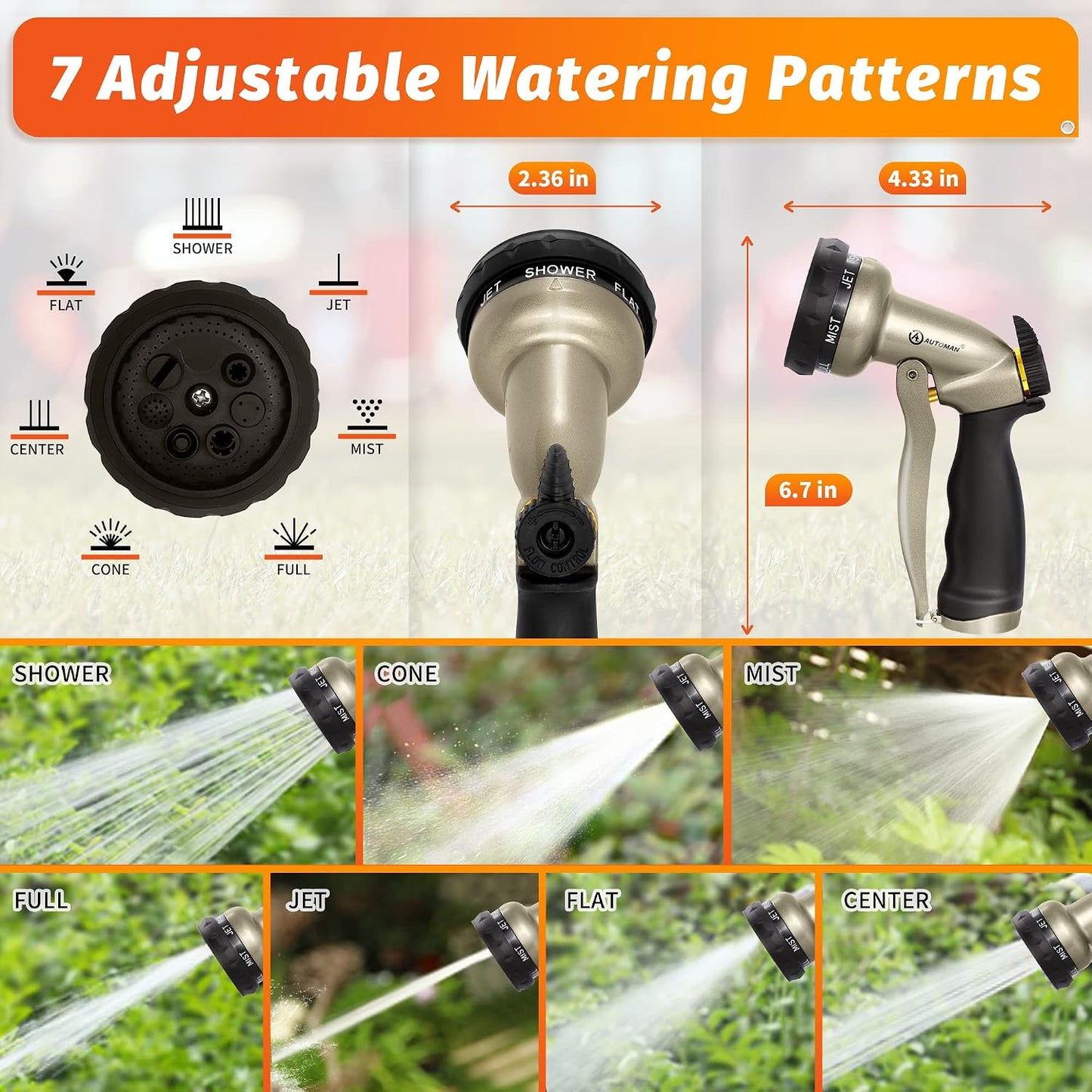 AUTOMAN Garden Nozzle Sprayer, High Pressure Spray Nozzle, 100% Metal Water Hose Nozzle, 7 Patterns Watering Nozzle, Heavy Duty Sprayer Garden Nozzle for Watering Plants & Lawns, Washing Cars & Pets