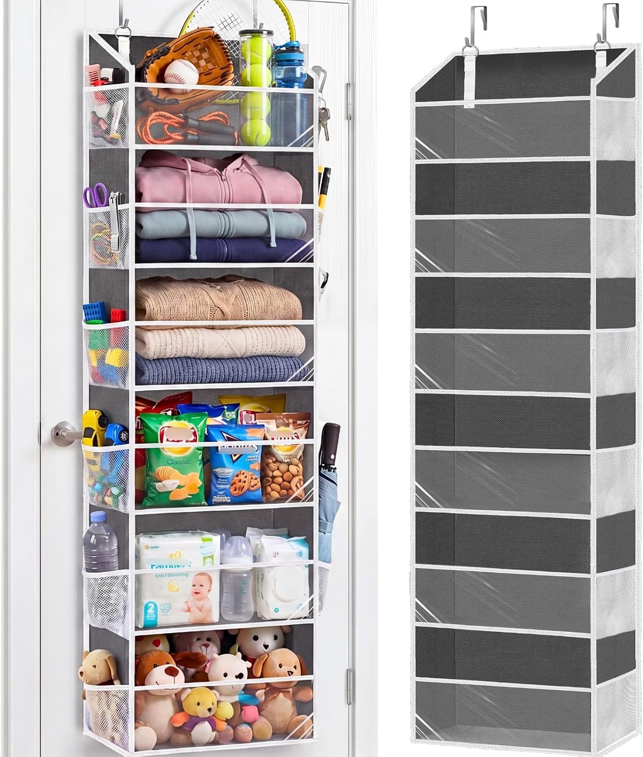 Over The Door Organizer, 5-Tier Extra Large Behind Door Storage with 10 Big Front & 10 Mesh Pockets, 80lb Capacity, Hanging Storage Organizer with Clear Window Kids Toys, Shoes, Diapers, Light Grey