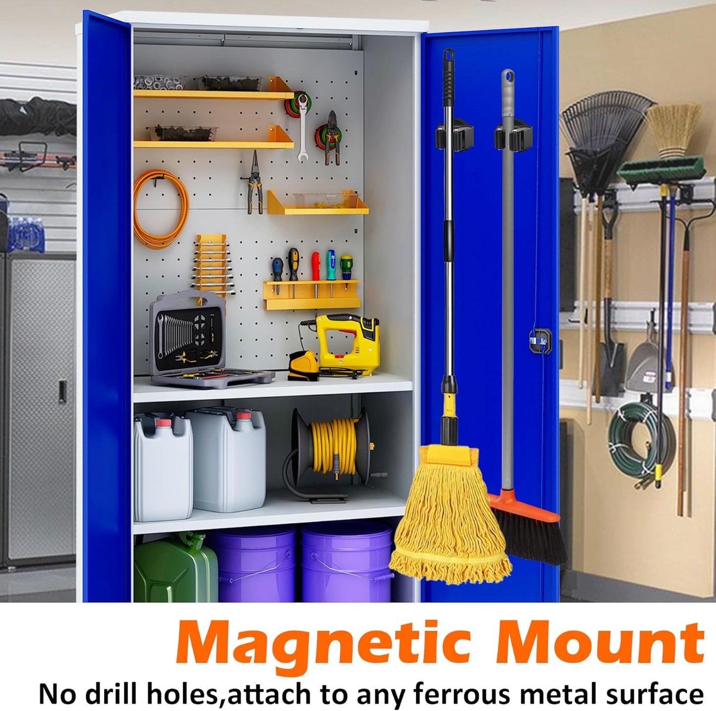 MUTUACTOR Heavy Duty Magnetic Broom Holder,Anti-slip Magnetic Tool Rack with Top Utility Shelf, Easy Assembly Broom Mop Organizer for Refrigerator Metal Cabinet Laundry Room Kitchen,3-Clamps 4-Hooks