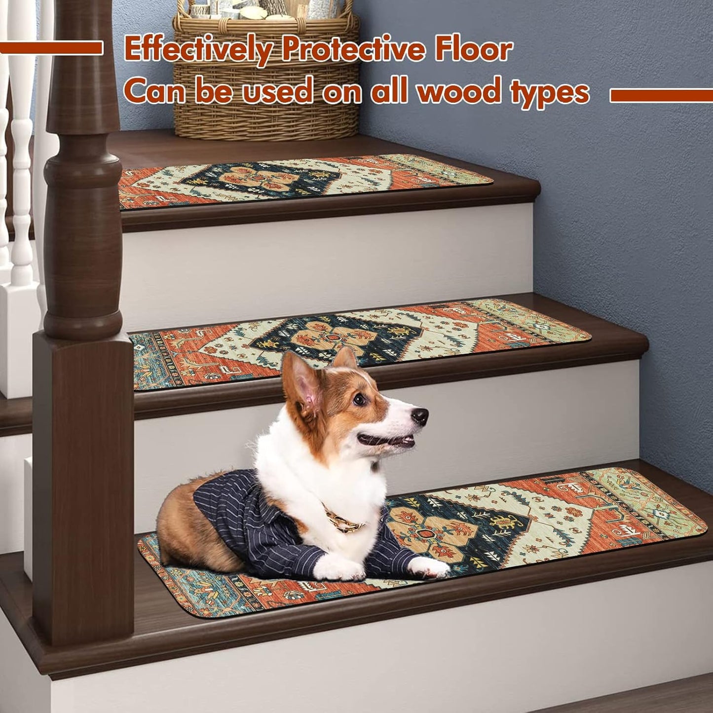 OJIA Non-Slip Carpet Stair Treads for Wooden Steps Set of 15, 30''X8'' Indoor Runner Resistant Rugs Rubber Safety Mats for Dogs, Kids & Elders, Stairway Grip