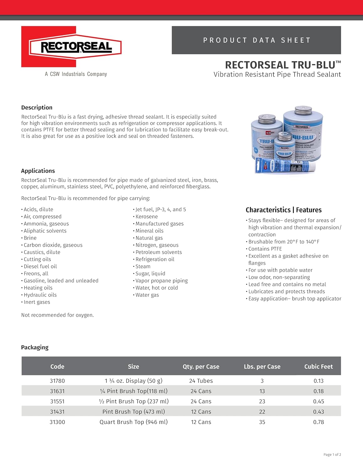RectorSeal Tru-Blu 31631 Pipe Thread Sealant, Fast-Dry, PTFE Enriched, Plumbing, Designed for high Vibration environments and Thermal Expansion/Contraction, 1/4 Pint
