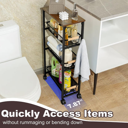 Narrow Rolling Cart with Wheels, 4-Tier Slim Metal Storage Cart with Pull-Out Baskets, 7.87 Inch Width Small Laundry Room Organizer Cart, Space-Saving for Kitchen, Bathroom