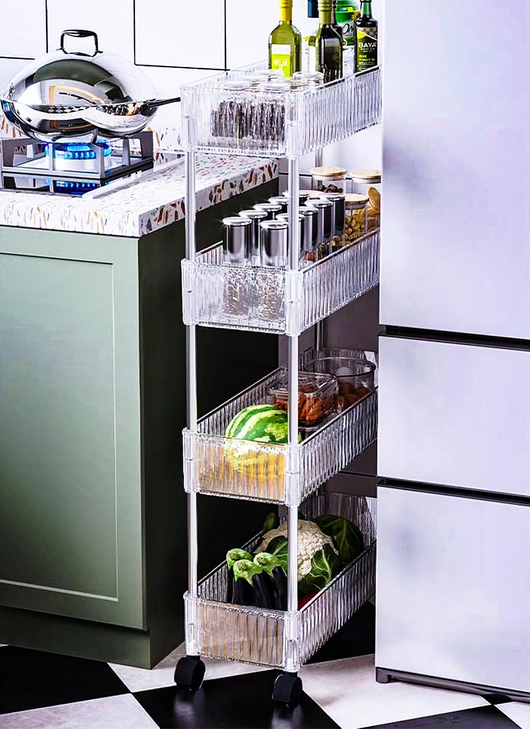 4-Tier Plastic Rolling Utility Cart with Wheels, Multifunctional Storage Organizer Cart for Home, Office, Kitchen & Bathroom, Ultra Narrow & Clear, 4.7”W * 12.8”L * 33”H