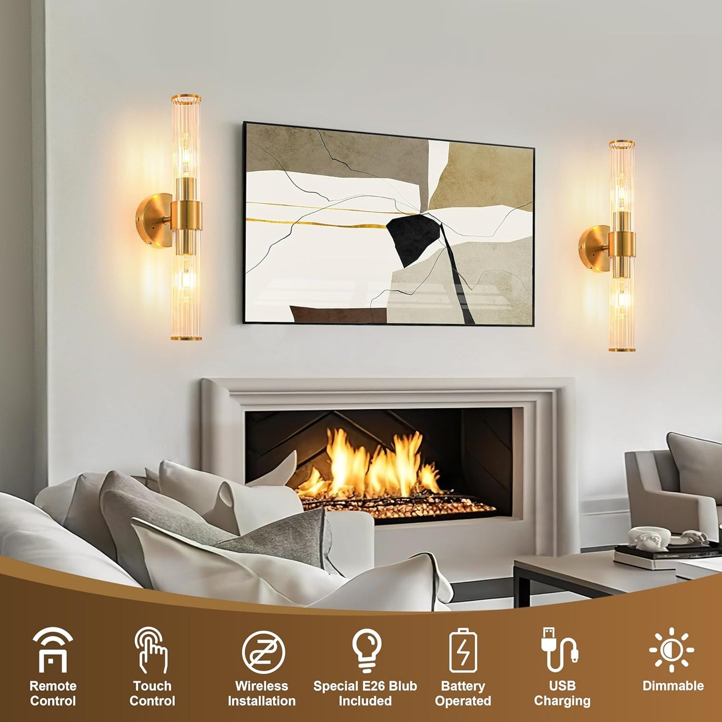 Morauroral Gold Battery Operated Wall Sconces Set of Two, Rechargeable Wall Sconce with Dimmable Remote Control, 20 Inch Wireless Sconce Wall Light for Bedroom, Living Room (Bulbs Included)