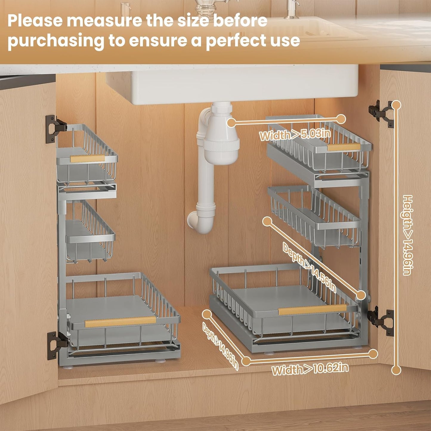 Under Sink Organizer and Storage for Bathroom and Kitchen - 2 Pack 3 Tier Under Cabinet Pull Out Shelf Organizers - Slide Out Drawer Organization for Home Cabinets Shelves and Drawers