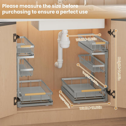 Under Sink Organizer and Storage for Bathroom and Kitchen - 2 Pack 3 Tier Under Cabinet Pull Out Shelf Organizers - Slide Out Drawer Organization for Home Cabinets Shelves and Drawers