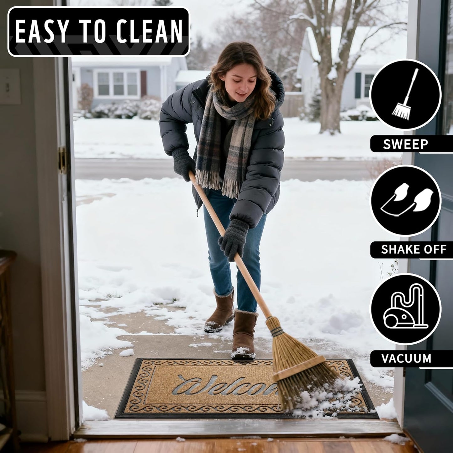 Yimobra Welcome Mat, Heavy Duty Sturdy Door Mats for Home Entrance Outdoor Indoor, Front Doormat for Outside Patio Floor Entry Porch Garage Office, Waterproof, Low Profile, 29.5x17, Black Grey