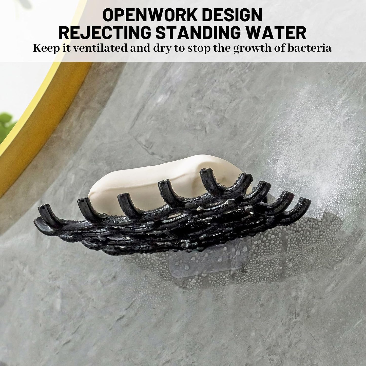 Shower Soap Holder for Wall, Adhesive Bar Soap Dish with Self Draining Grid, Side Hooks and No Drilling Mount, Black, 2 Pack