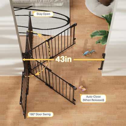Cumbor 29.2–43" Baby Gate for Stairs, Hardware Mounted (Drill Required), Expandable No Bottom Bar Dog Gate, Auto Close Extra Wide Walk Thru, Pet & Toddler Proof Gate, Top & Bottom of Stairways (White)