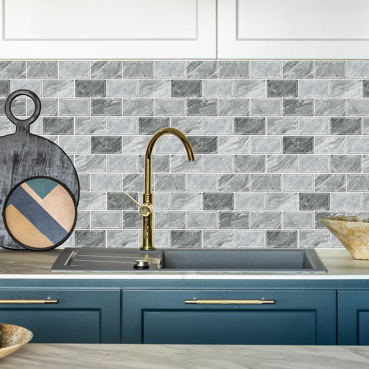 URCOLOR 10-Sheet Stick on Backsplash for Kitchen,12"x12" Peel and Stick Self Adhesive Wall Tiles Back Splashes for Bathroom Brown Marble Look