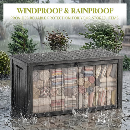 Waterproof Outdoor Storage Box Outside Deck Box Lockable Resin Bench UV Resistant Furniture Cushion Pool Tool Float Bin Patio Garden Porch (Black, 120 Gallon)