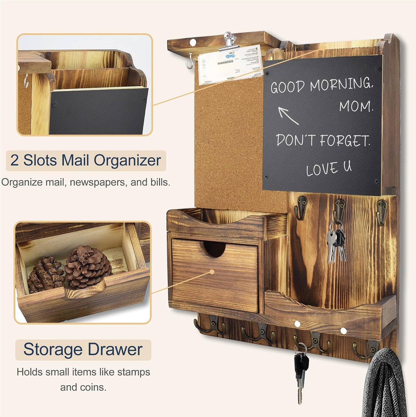 Key Holder for Wall Mount with Shelf and Mail Organizer, Key and Mail Holder with 16 Hooks, Farmhouse Entryway Organizer, Home Decor Rack (Pine Wood, Black)
