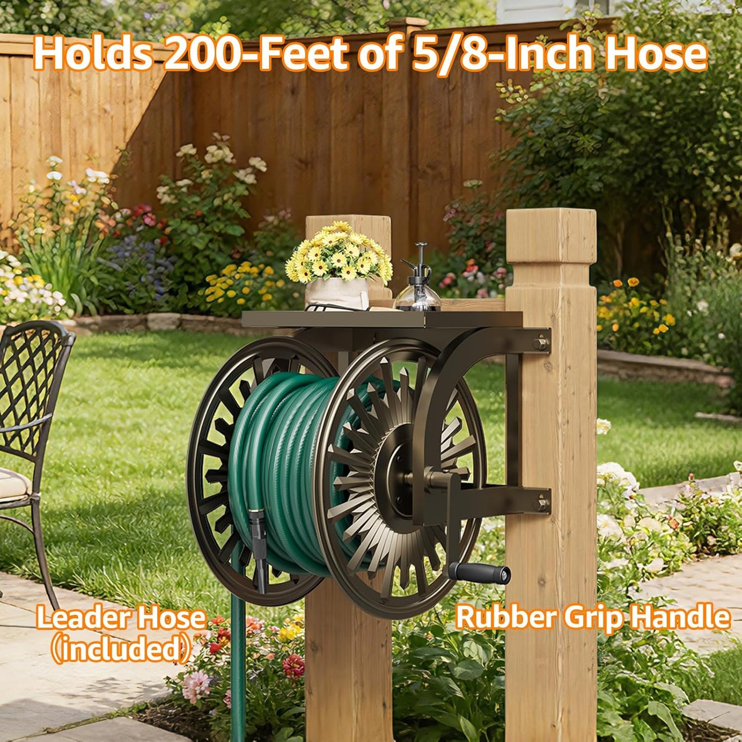 GOFORWILD Garden Wall Mount Hose Reel, Decorative Hose Reel, Garden Heavy-Duty Water Hose Holder Winder, Holds 200-Feet of 5/8-Inch Hose