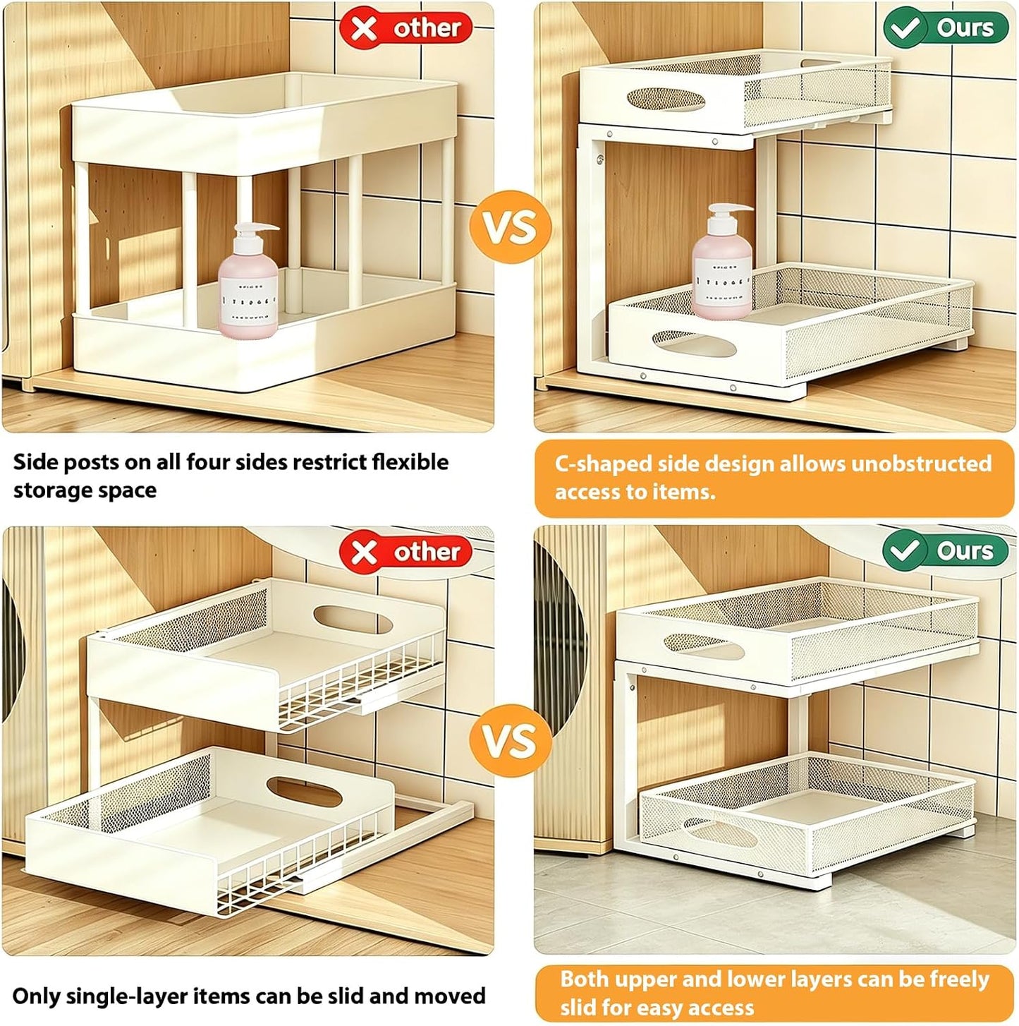 2 Pack Under Sink Organizer, 3-Tier Pull Out Kitchen Cabinet Organizer with 5 Adjustable Heights Metal Slide Out Bathroom Storage Makeup Drawer Rack for Bedroom Office Pantry Home Organization, White